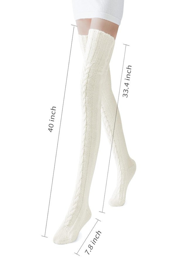 Pcavin Women's Thigh High Socks Over the Knee Cable Knit Boot Socks, Long Warm Fashion Leg Warmers Winter(White) - Image 2